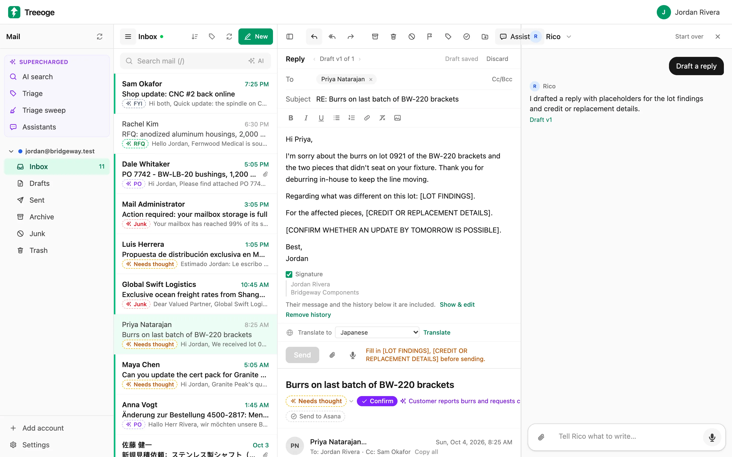 A drafted reply in Treeoge with placeholders like [LOT FINDINGS] and a note to fill them in before sending