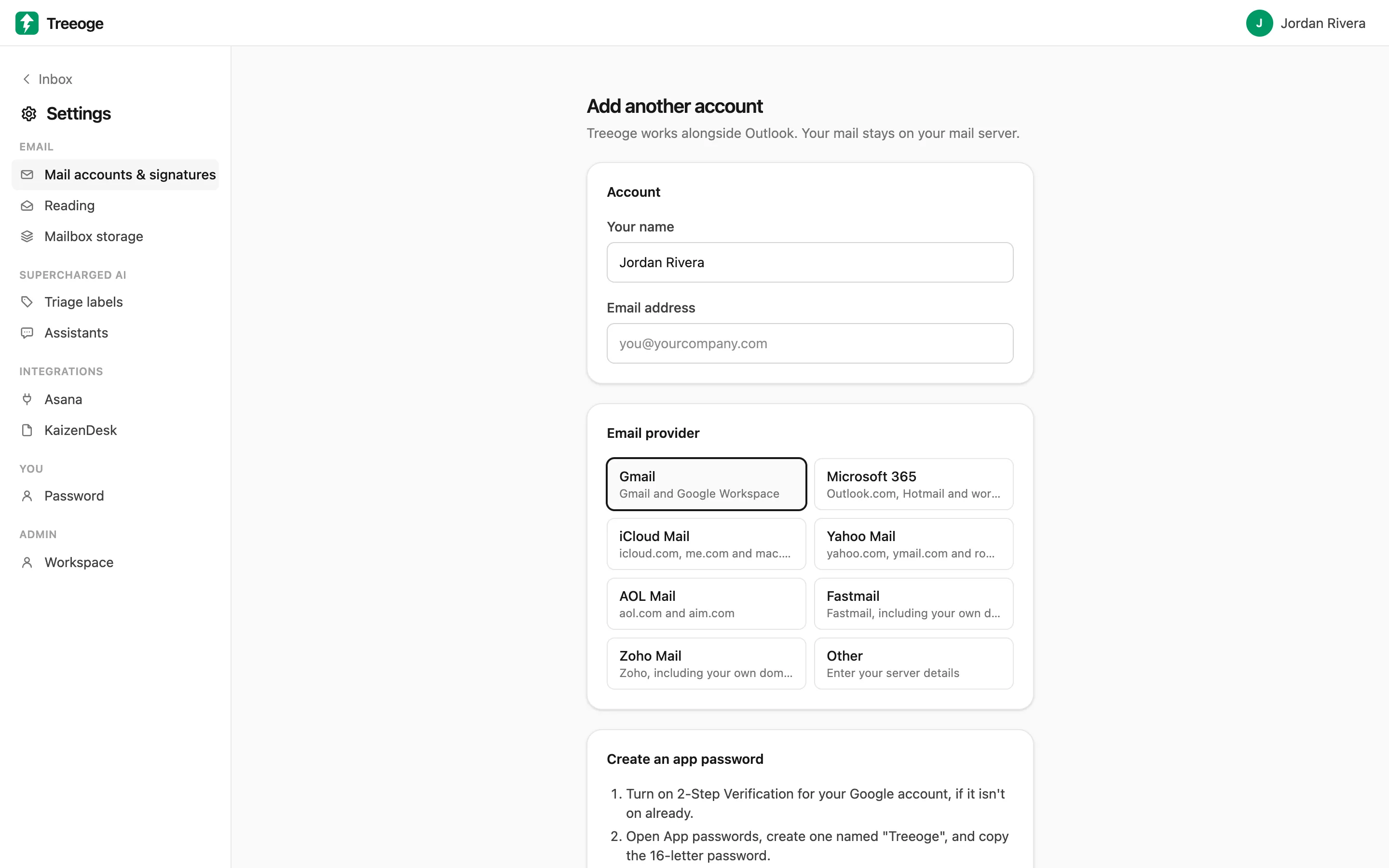 The Add account screen in Treeoge with provider choices and the steps to create a Gmail app password