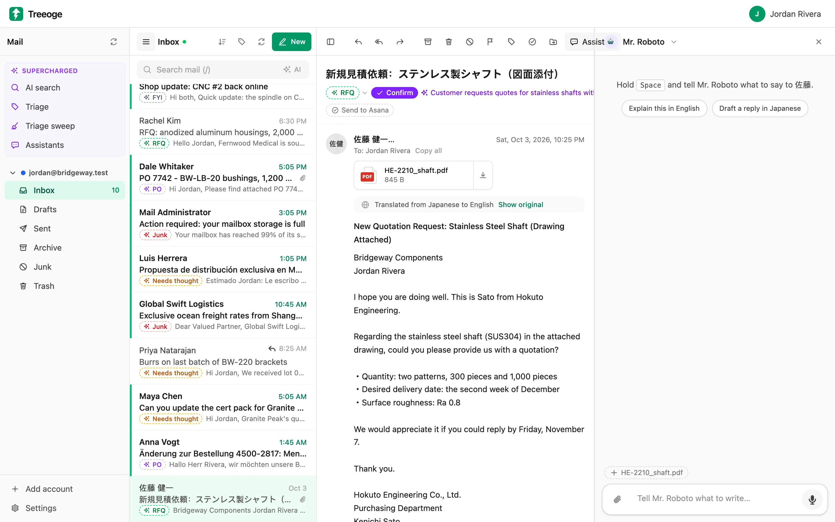 A Japanese RFQ email translated to English in Treeoge, with a link to show the original