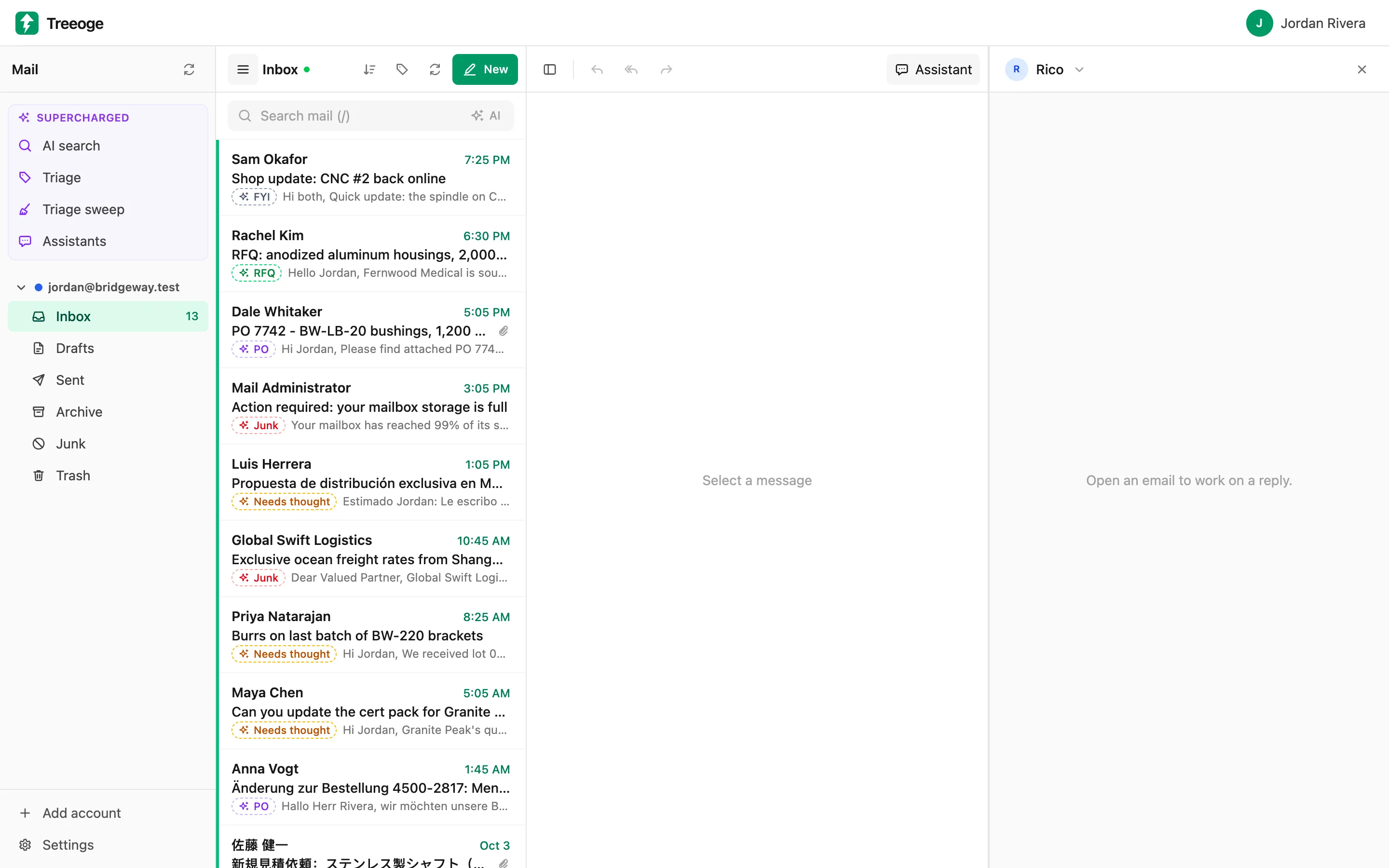 Treeoge inbox where each email has an AI label such as RFQ, PO, Needs thought, FYI or Junk