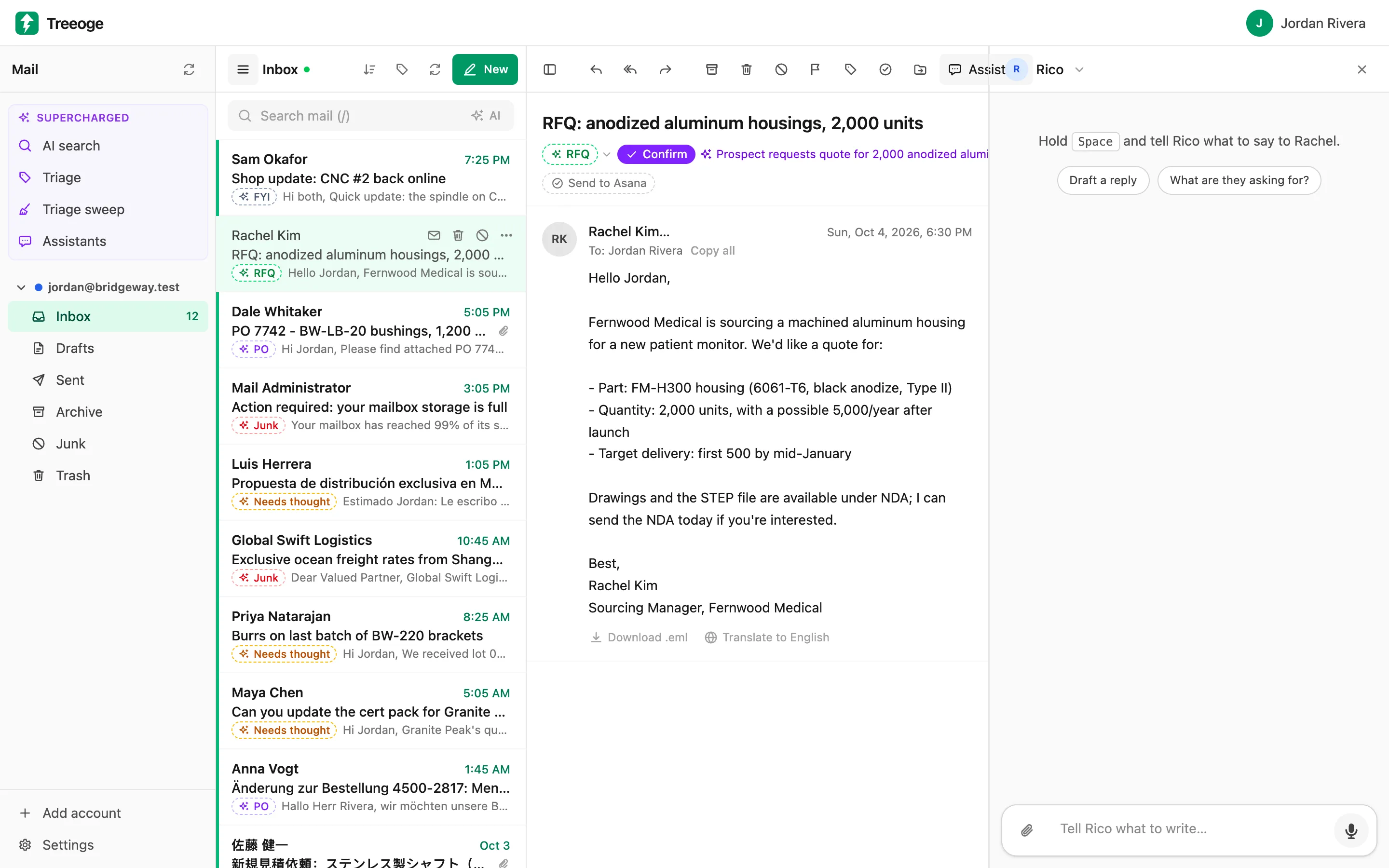 An RFQ email in Treeoge with the AI label, a Confirm button and the reason for the suggestion