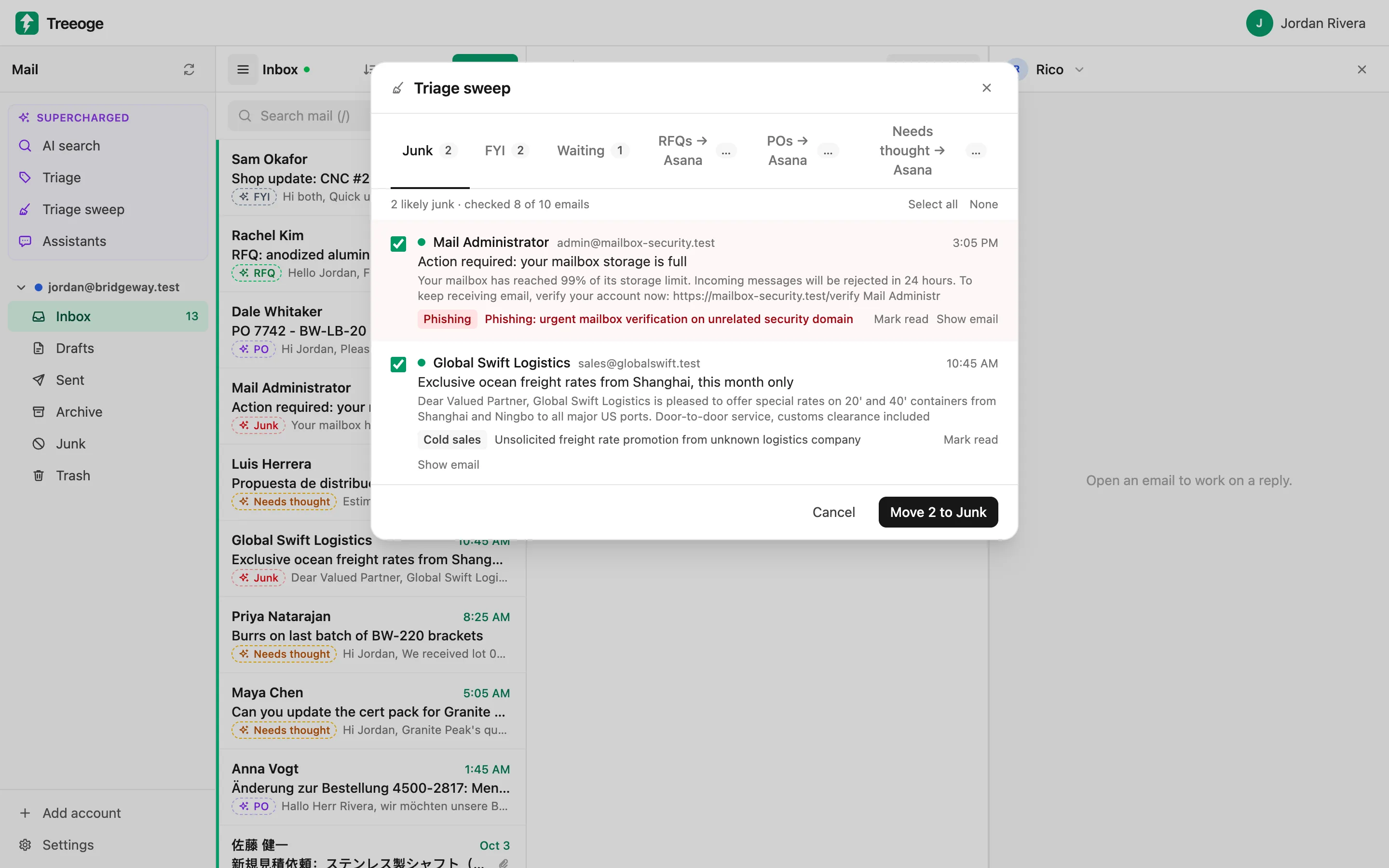 The triage sweep listing two likely junk emails, a phishing attempt and a cold sales pitch, ready to move to Junk